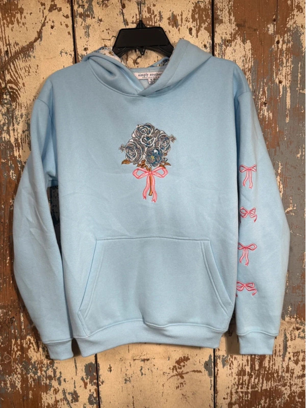 NWT simply southern light blue hoodie, embroidered flowers and bows small
